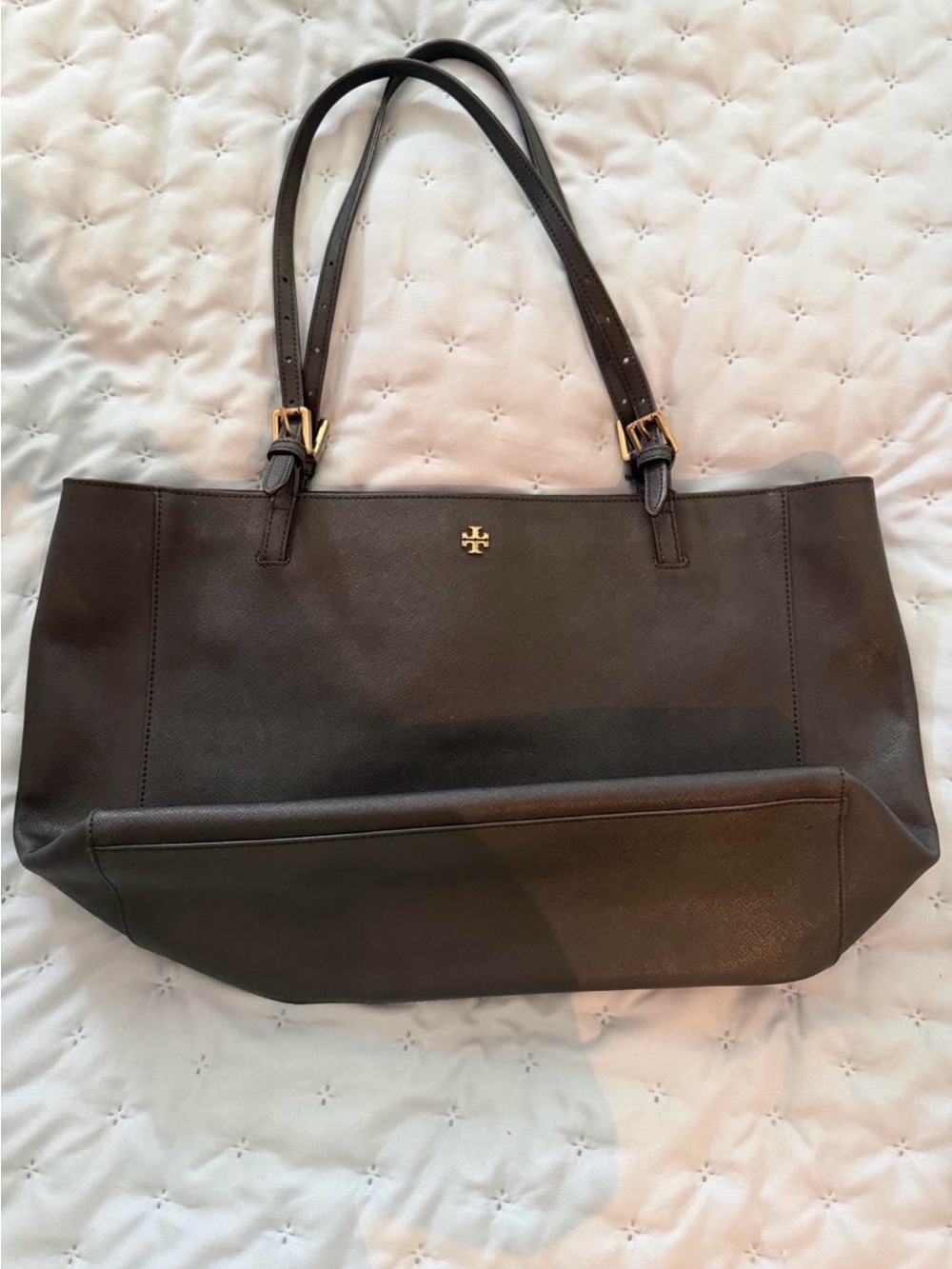 Tory Burch Black Leather Tote with Gold Logo - Picture 3 of 7